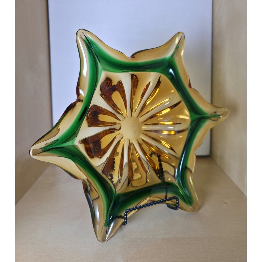 VINTAGE GLASS ASHTRAY Amber W/Green Trim 8.5" Long 3" Tall